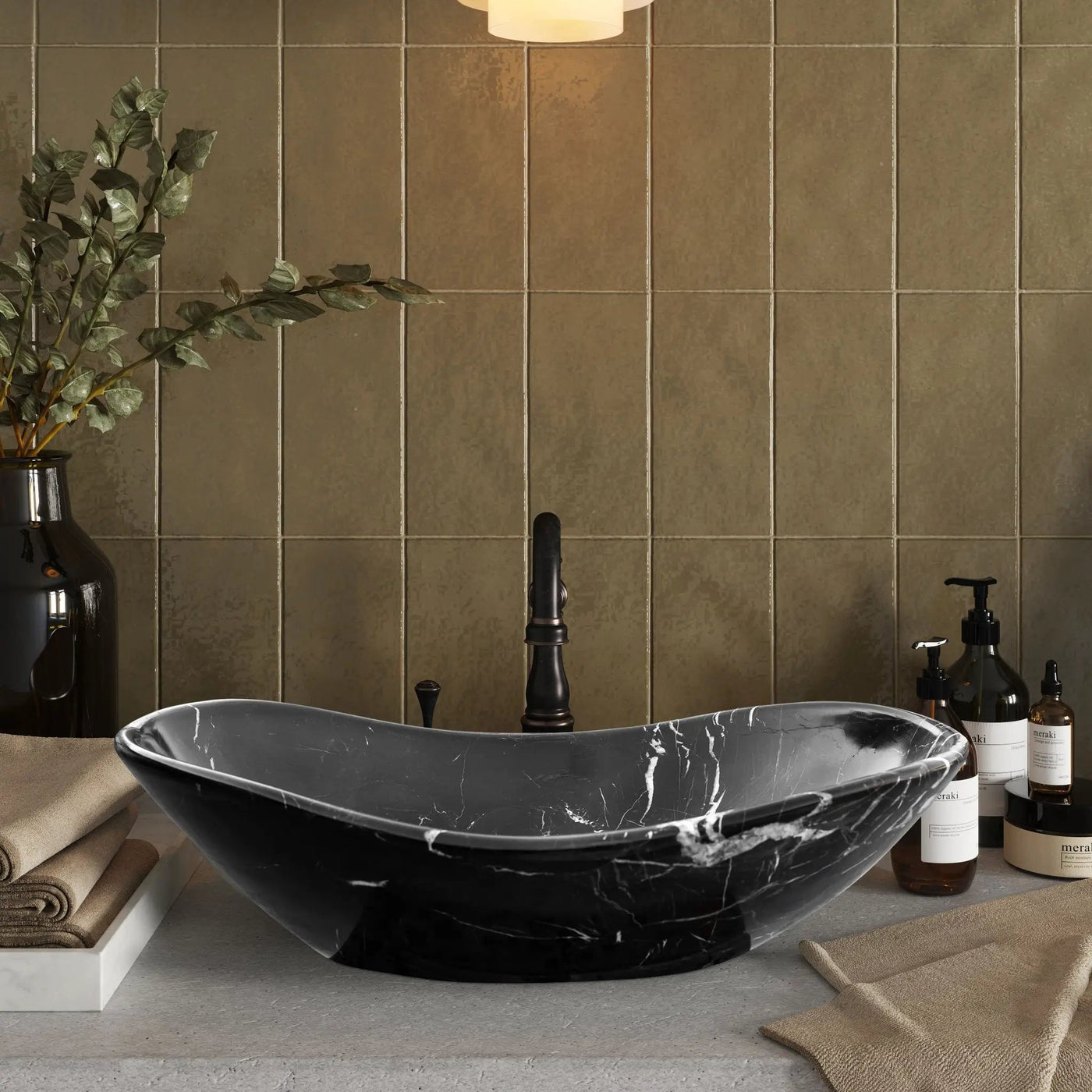 Black Turkish Marble Handcrafted Vessel Bathroom Sink - Above Counter Vanity Design by GobekDesign