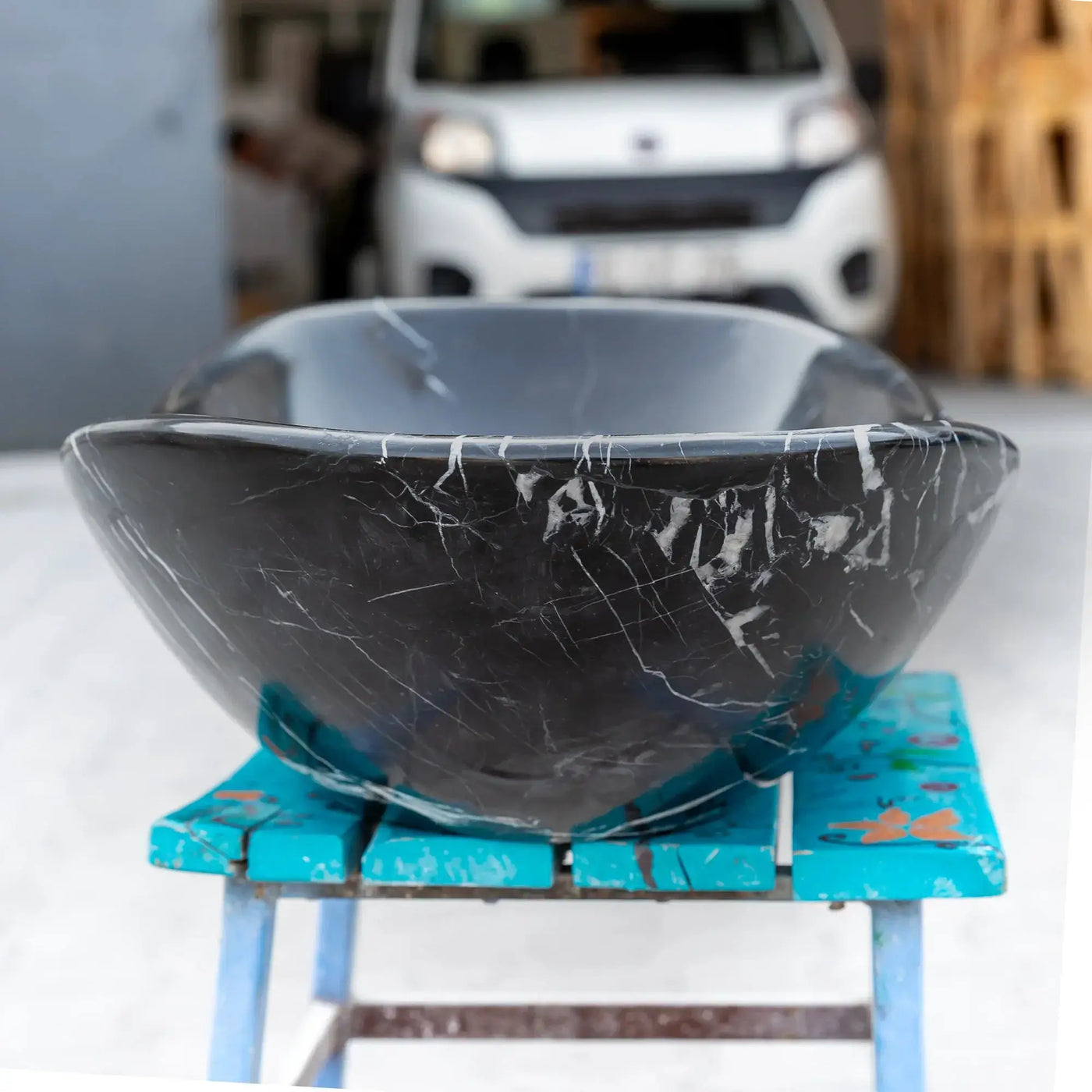 Black Turkish Marble Handcrafted Vessel Bathroom Sink - Above Counter Vanity Design by GobekDesign