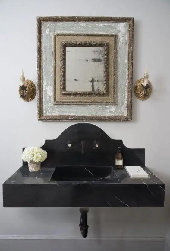 Black Marble Wall Mount Bathroom Sink with Polished Backsplash 15 x 33 x 6 Inches by GobekDesign