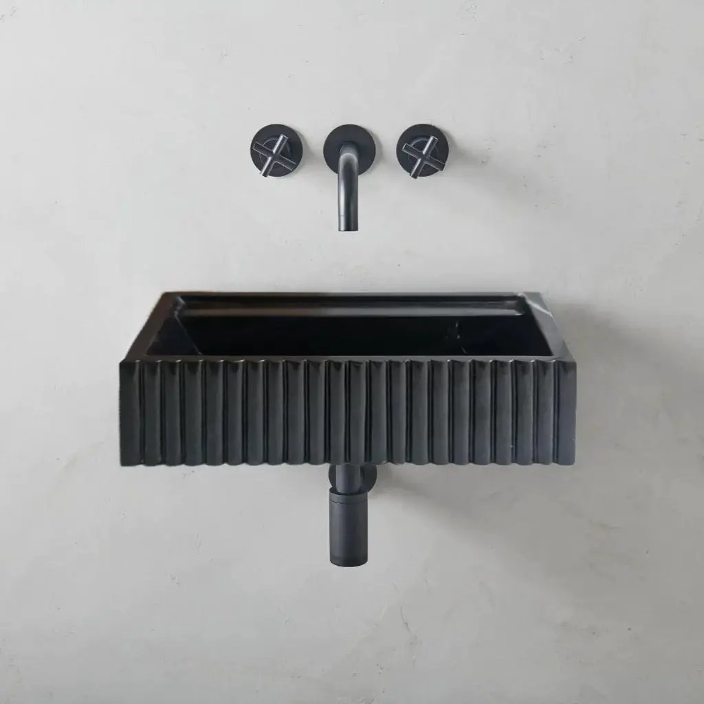 Turkish Black Marble Wall Mount Bathroom Vanity 16x24 Fluted by GobekDesign