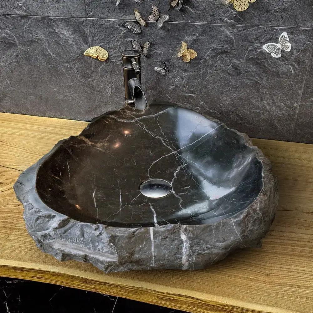 Black Turkish Marble Natural Stone Handcrafted Vessel Sink 17x17x5 by GobekDesign