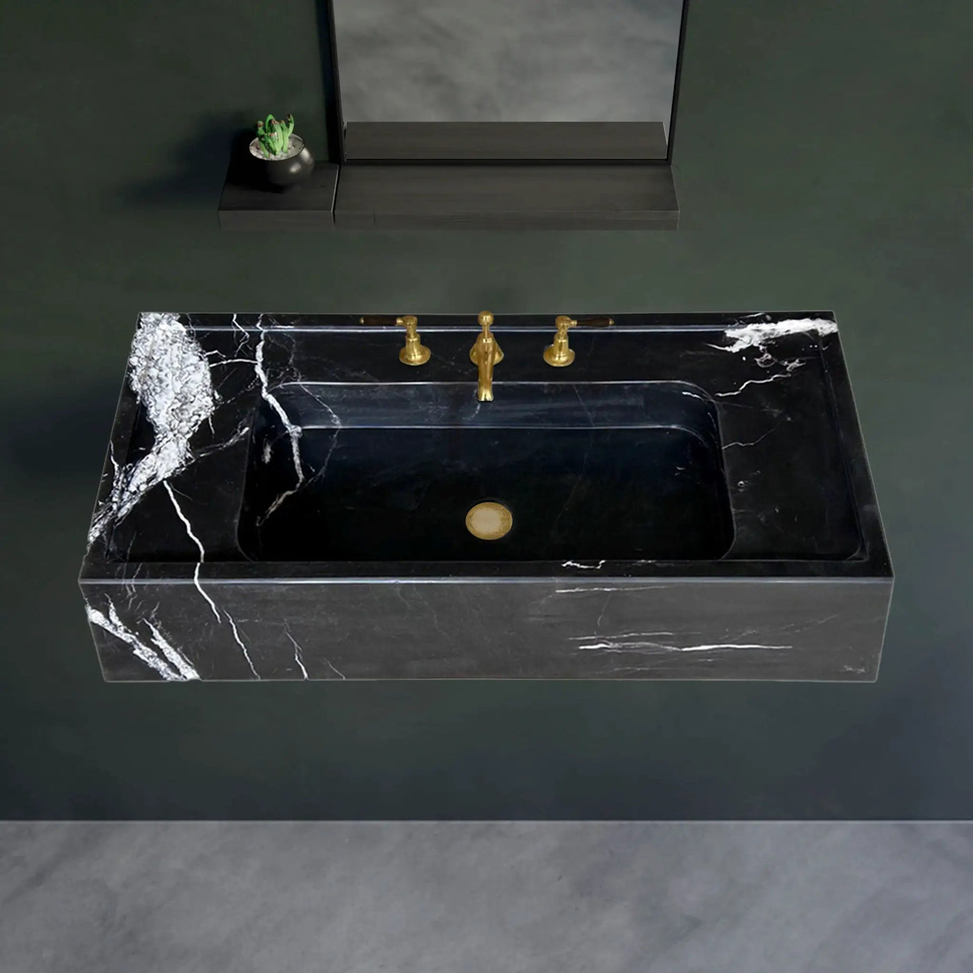 Black Marble Premium Handcrafted Rectangular Wall Mount Bathroom Sink 36x16 inch by GobekDesign
