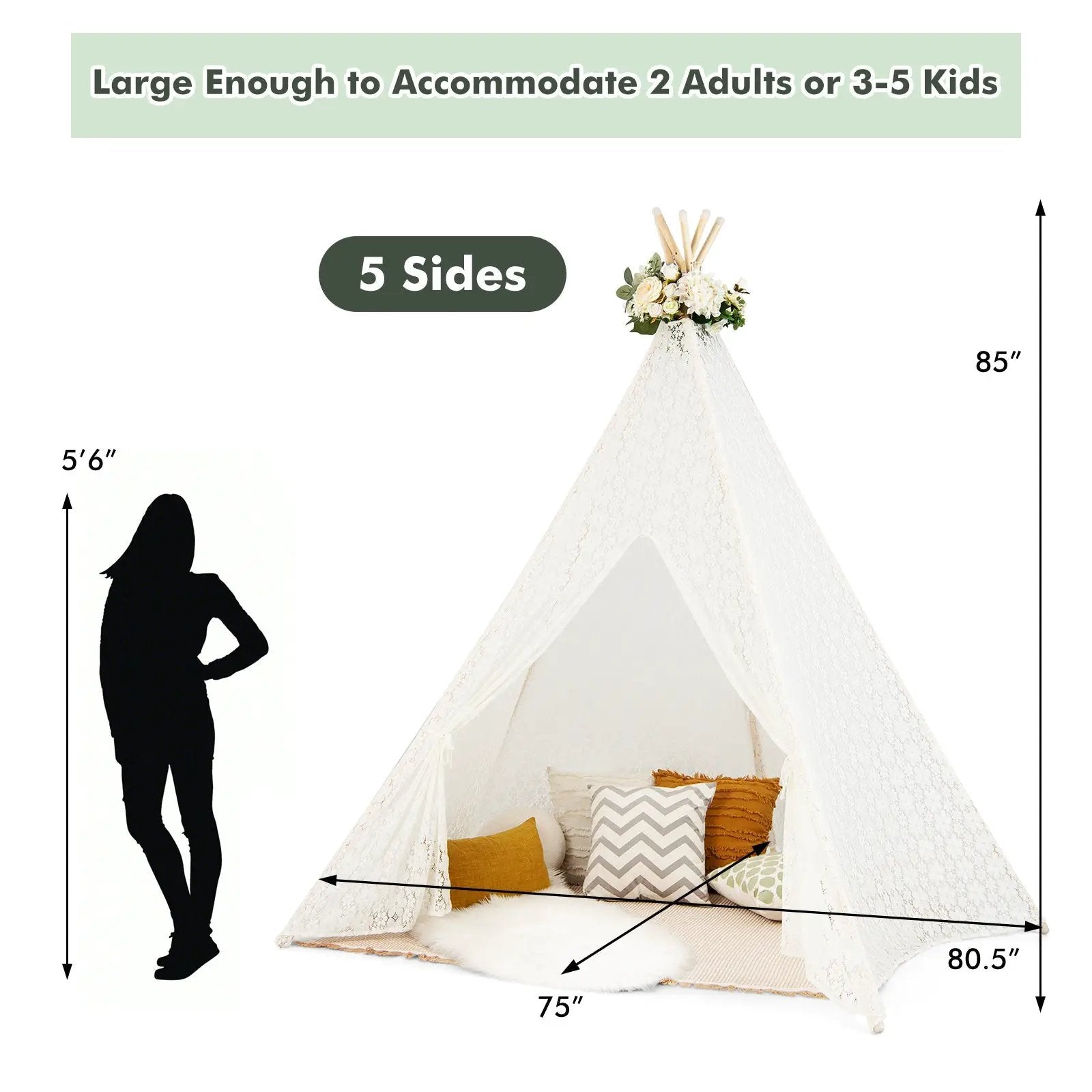 Lace Teepee Tent with Colorful Light Strings for Children by DirectDeals