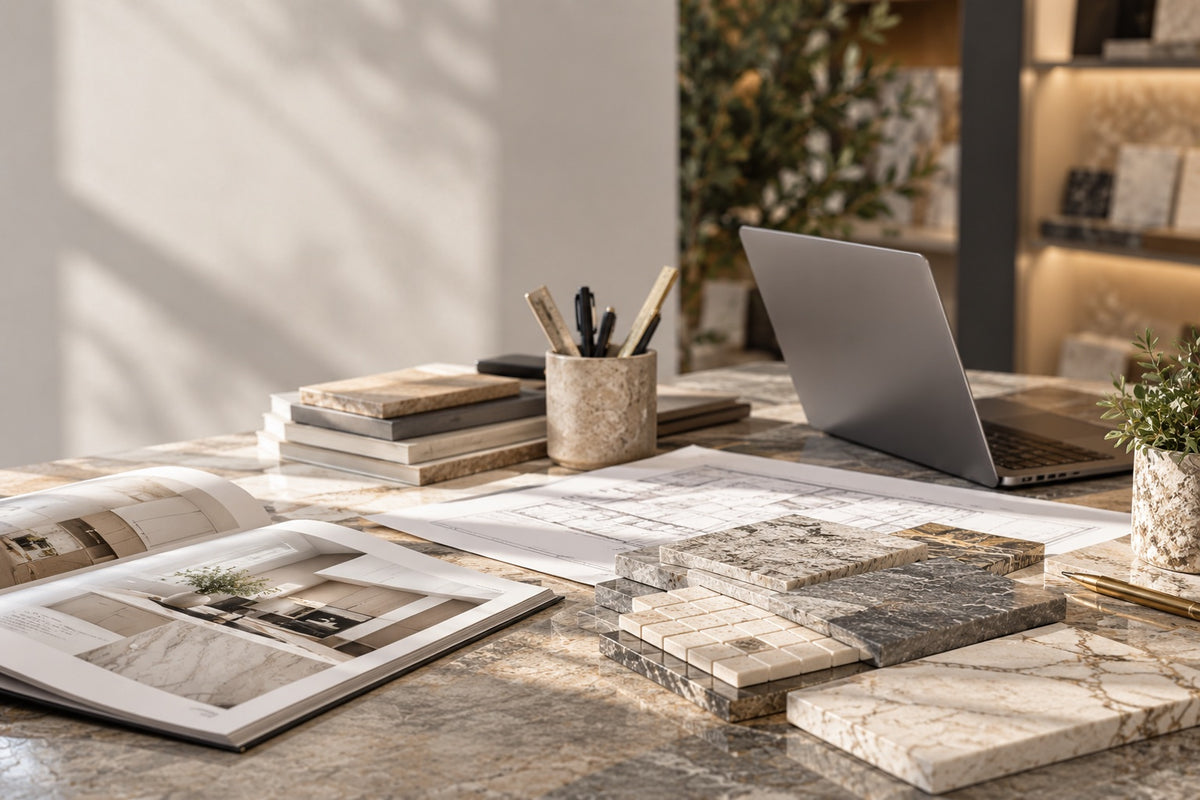 Designer desk with natural stone and mosaic tile samples, floor plans and an open tile catalog