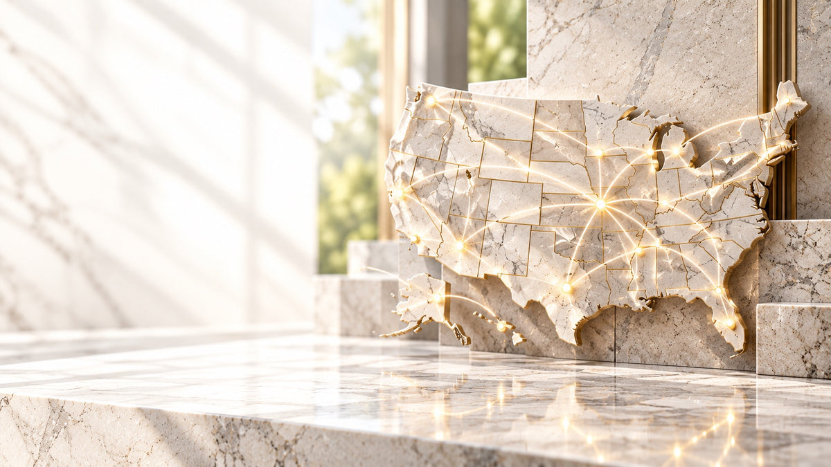 Marble map of the United States with glowing shipping routes across the country