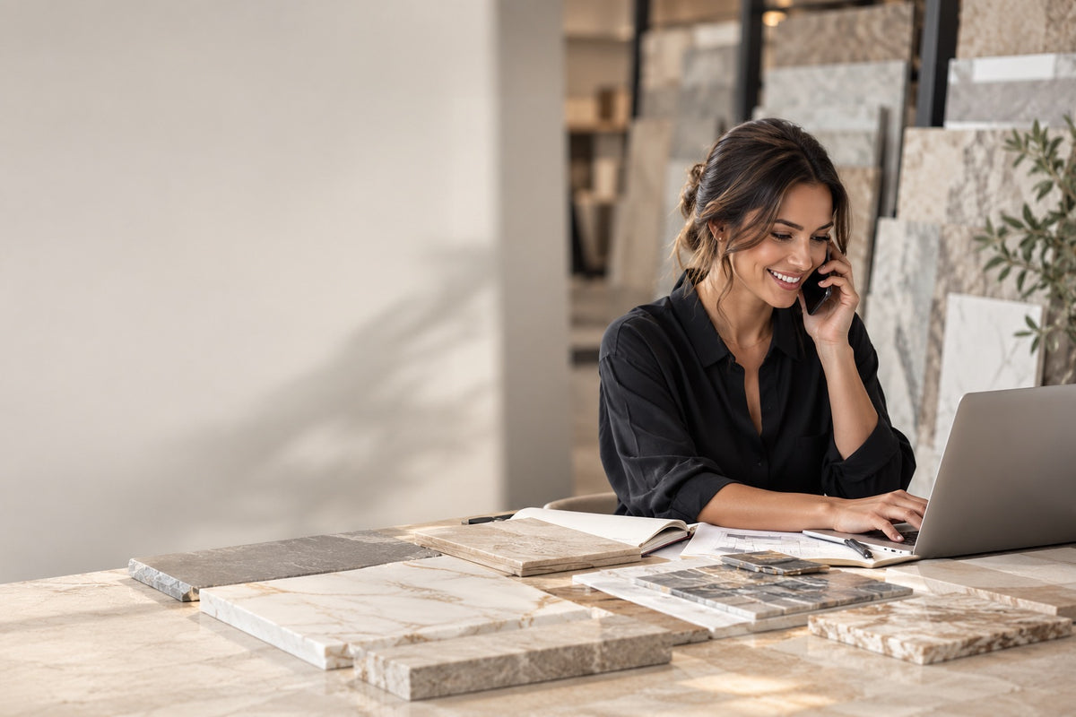 Trade specialist on the phone at a desk with marble samples in a stone showroom