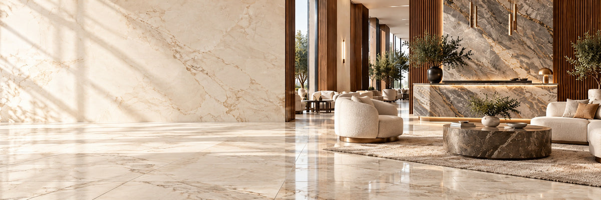 Hotel lobby with a polished cream marble floor and a marble clad reception wall
