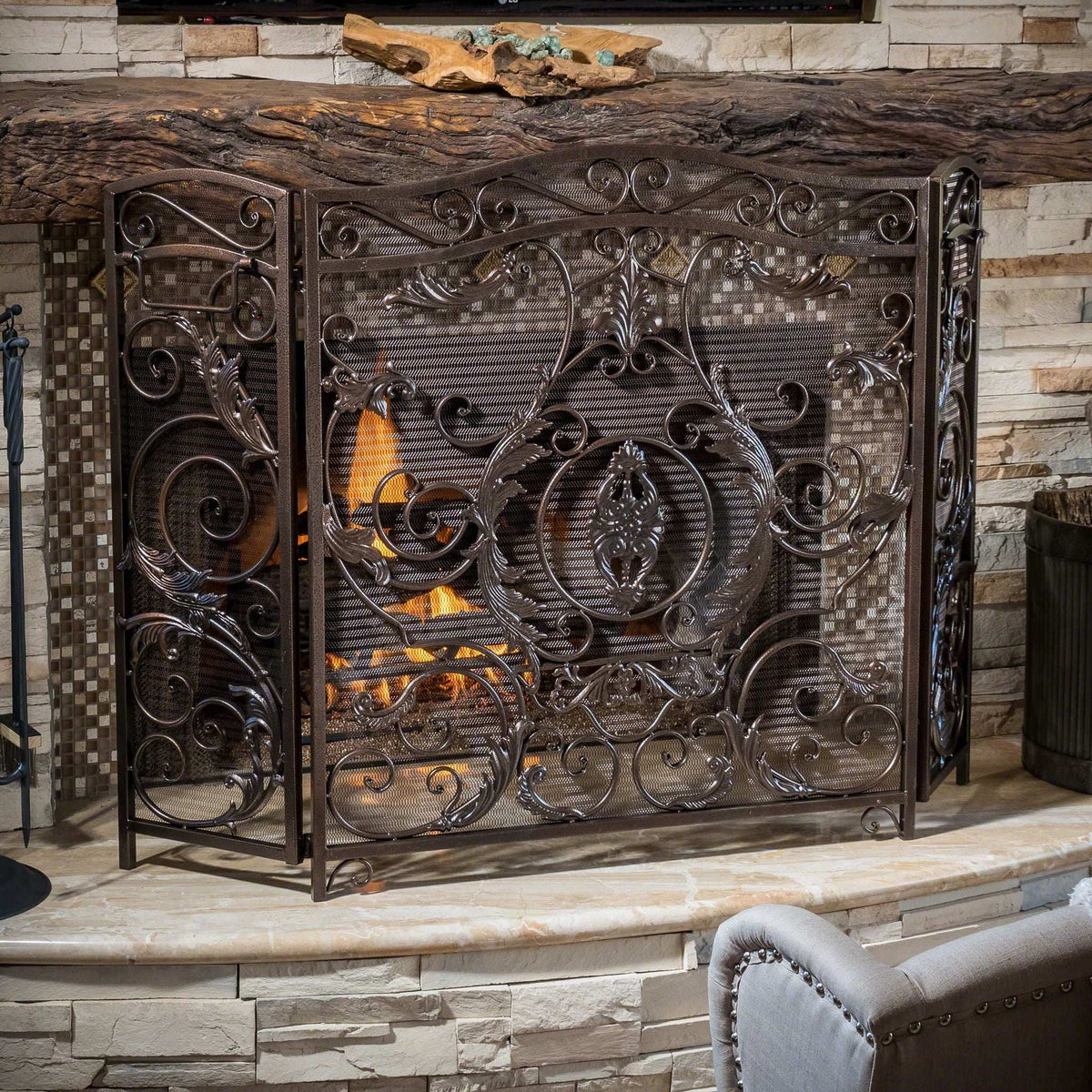 Mariella Traditional Floral Iron Fireplace Screen with Ornate Design, photo 5 of 8
