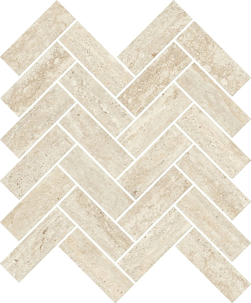 Trail Vein Cut Ivory Herringbone Travertine Look Porcelain Mosaics 12x12 by landmarkceramics