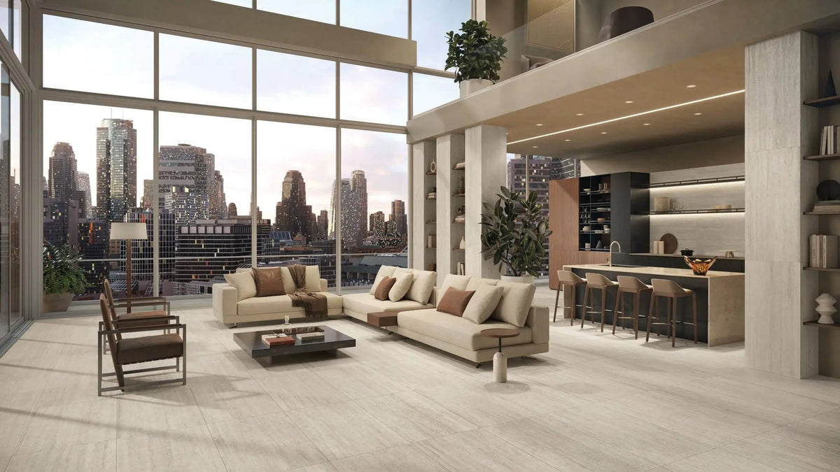 Trail Cross Cut Pearl Travertine Look Porcelain Tiles 24x48 by landmarkceramics