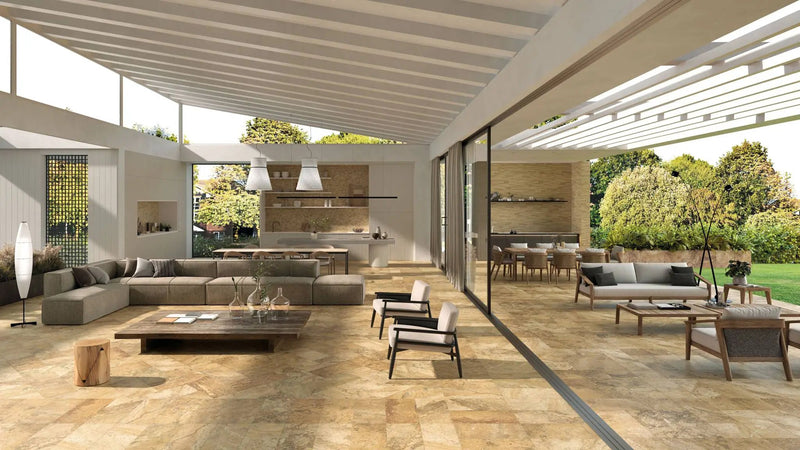 Trail Cross Cut Scabas Travertine Look Porcelain Tiles 12x24 by landmarkceramics
