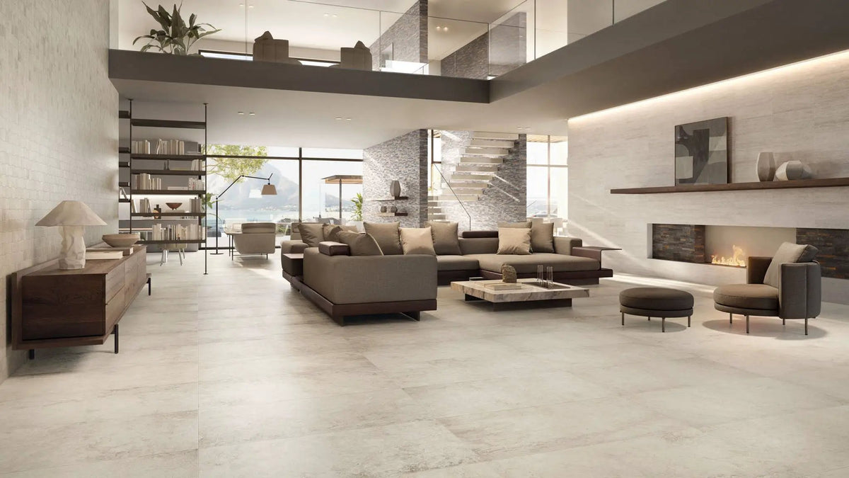 Trail Vein Cut Pearl Travertine Look Porcelain Tiles 12x24 by landmarkceramics