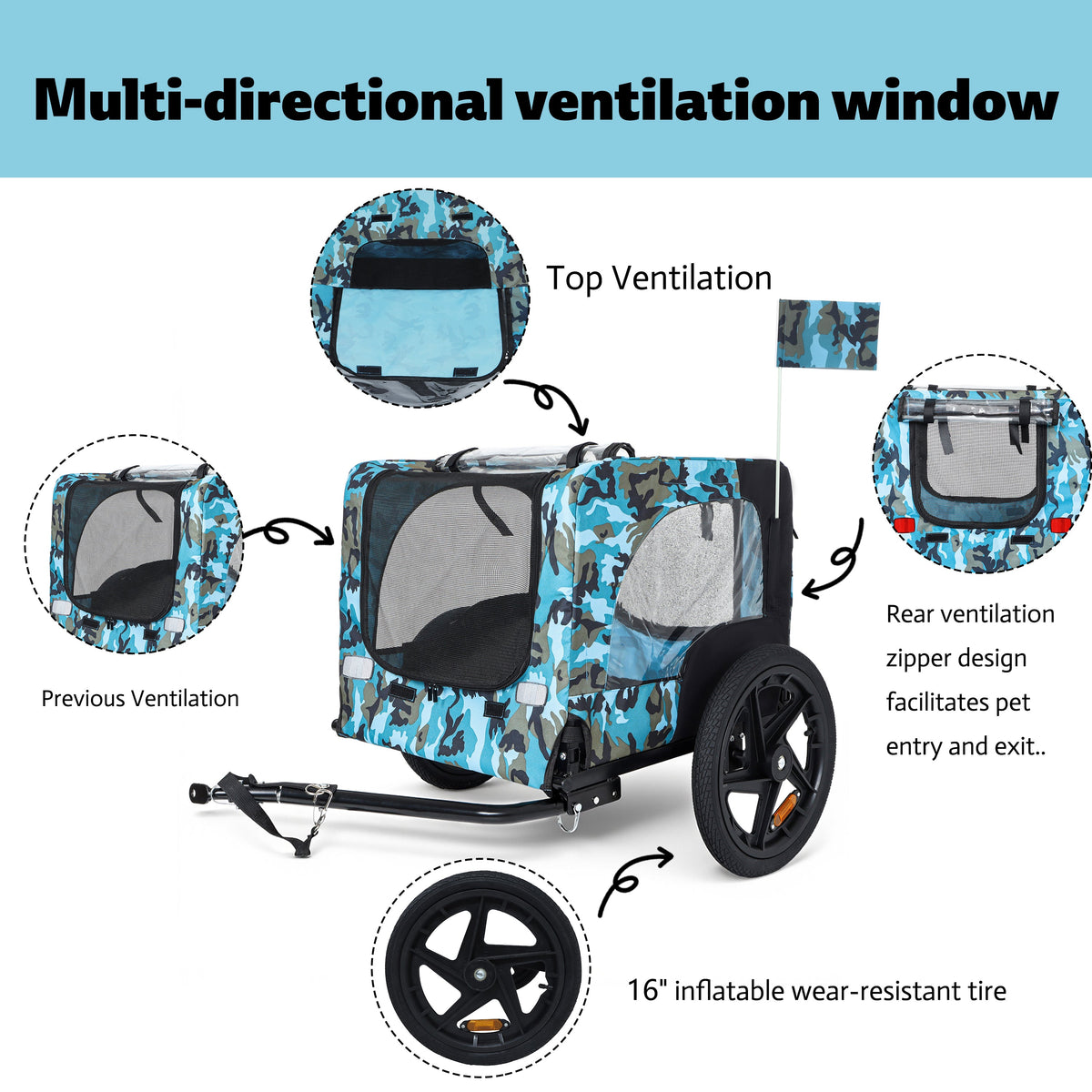 Outdoor Heavy Duty Collapsible Pet Bike Trailer with 16-Inch Wheels, photo 3 of 28