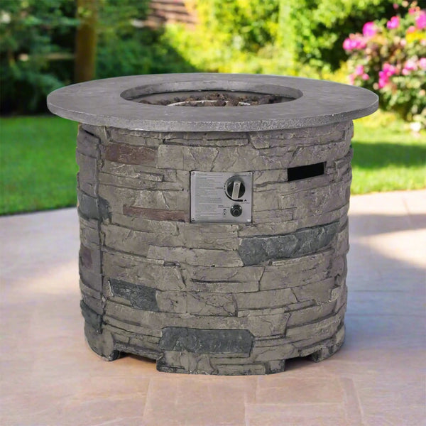 32-Inch Transitional Outdoor Concrete Round Propane Fire Pit Table, Gray (SAK48268)