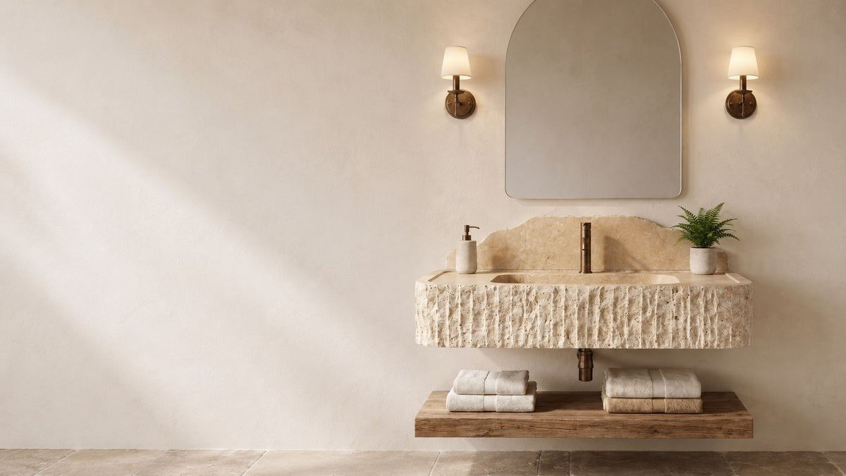 Chiselled travertine wall-mounted basin in a warm plaster bathroom