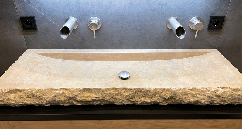 Troia Light Travertine Rectangular Vessel Sink Honed and Hand-Split (W)16" (L)48" (H)4" by GobekDesign