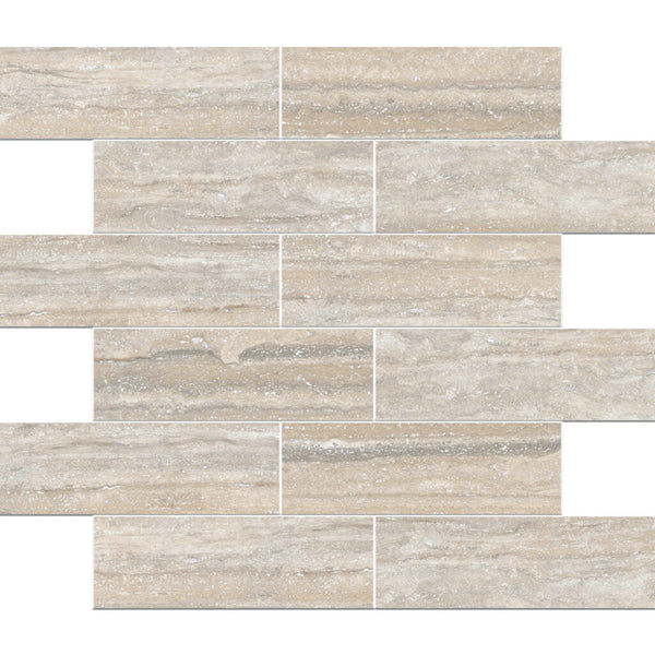Travertini Al Contro Argento Honed 2x6 Travertine Look Porcelain Mosaics 12x12