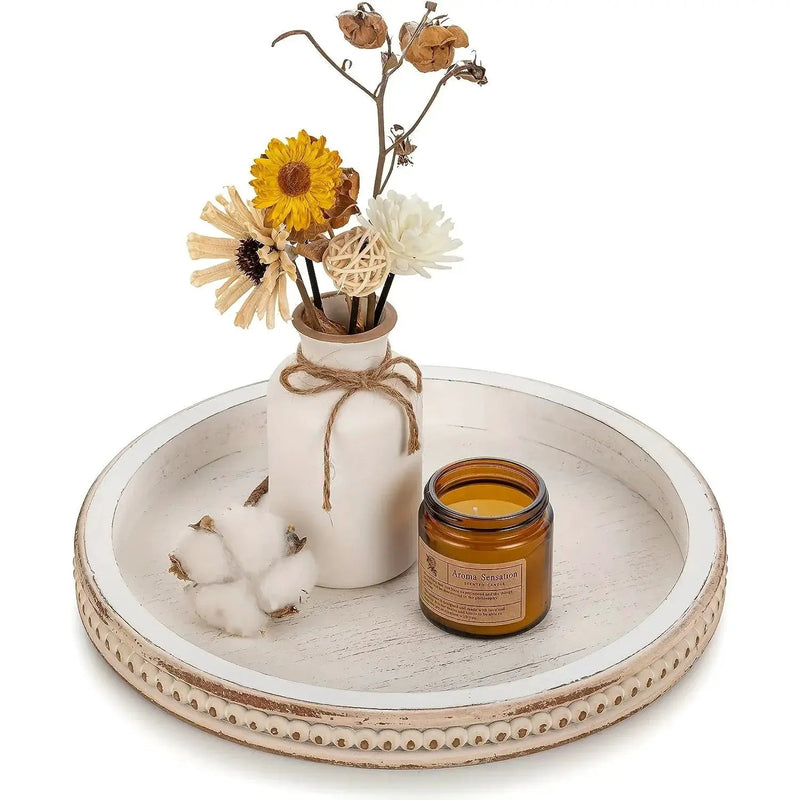 Tray - Decorative Wood White Round by House Of Avana