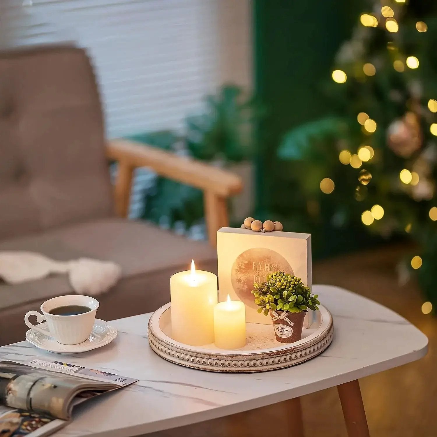 Tray - Decorative Wood White Round by House Of Avana