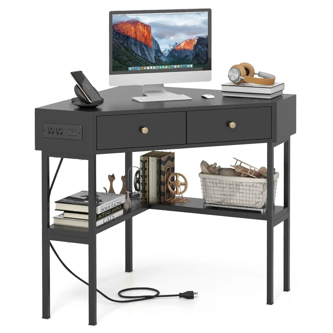 Triangle Corner Desk with Charging Station with 2 Drawers and Storage Shelf by DirectDeals
