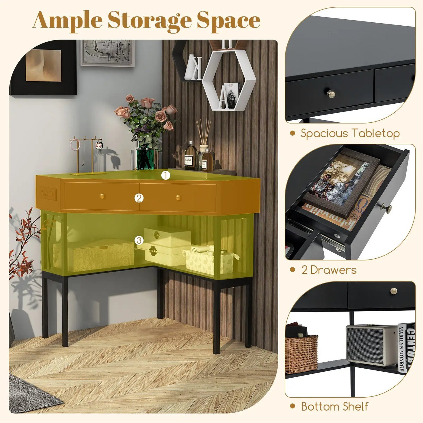 Triangle Corner Desk with Charging Station with 2 Drawers and Storage Shelf by DirectDeals