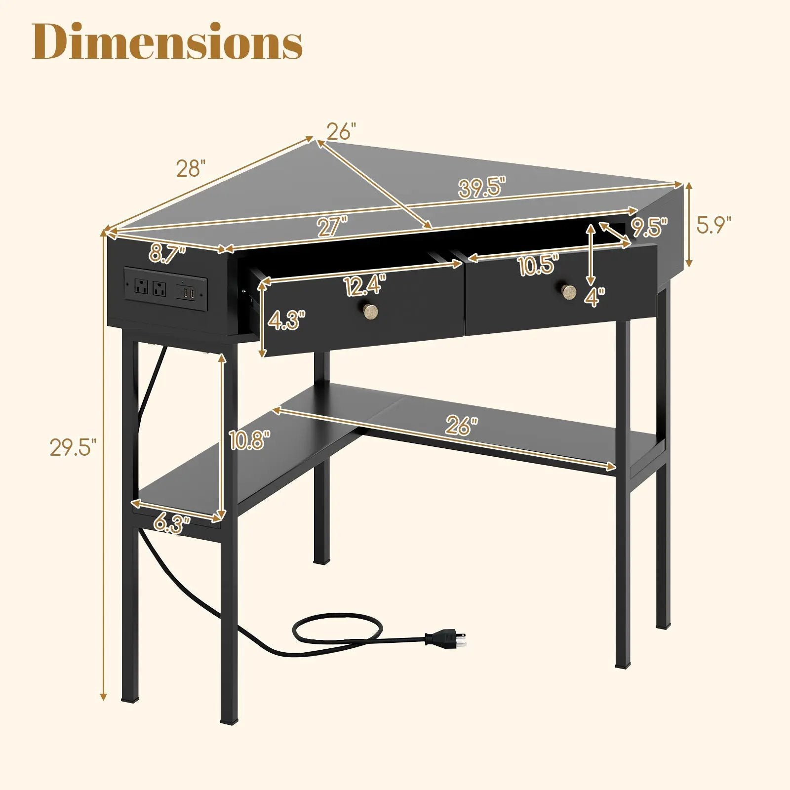 Triangle Corner Desk with Charging Station with 2 Drawers and Storage Shelf by DirectDeals