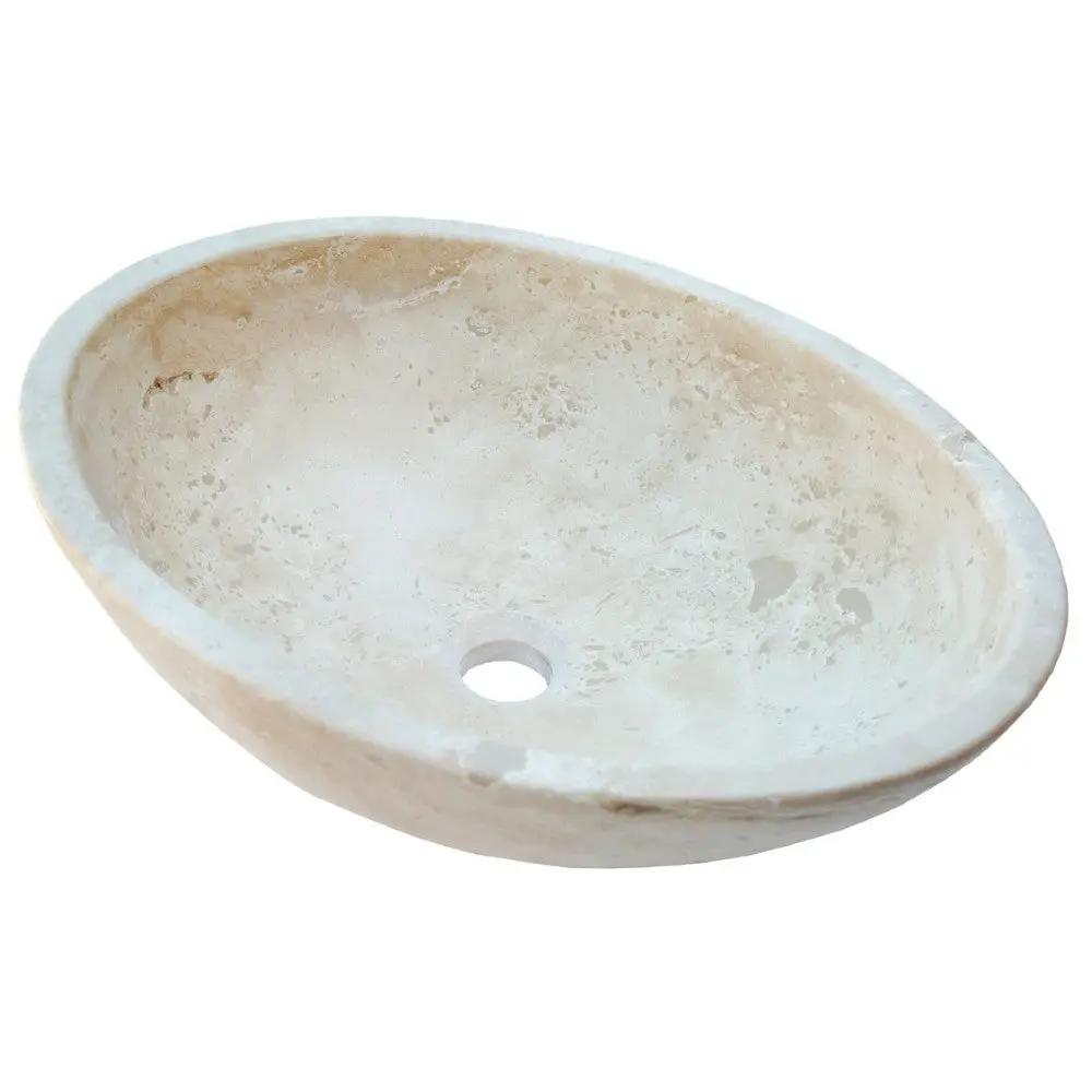 Travertine Natural Stone Oval Vessel Sink 16x21x6 Handcrafted Light Beige Artisan by GobekDesign