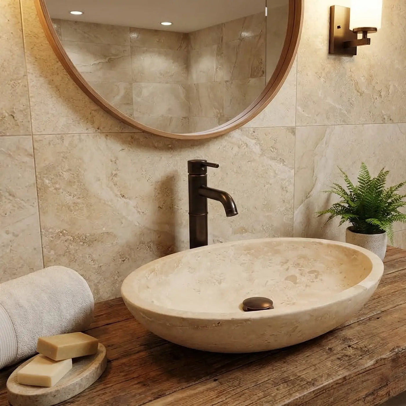 Travertine Natural Stone Oval Vessel Sink 16x21x6 Handcrafted Light Beige Artisan by GobekDesign