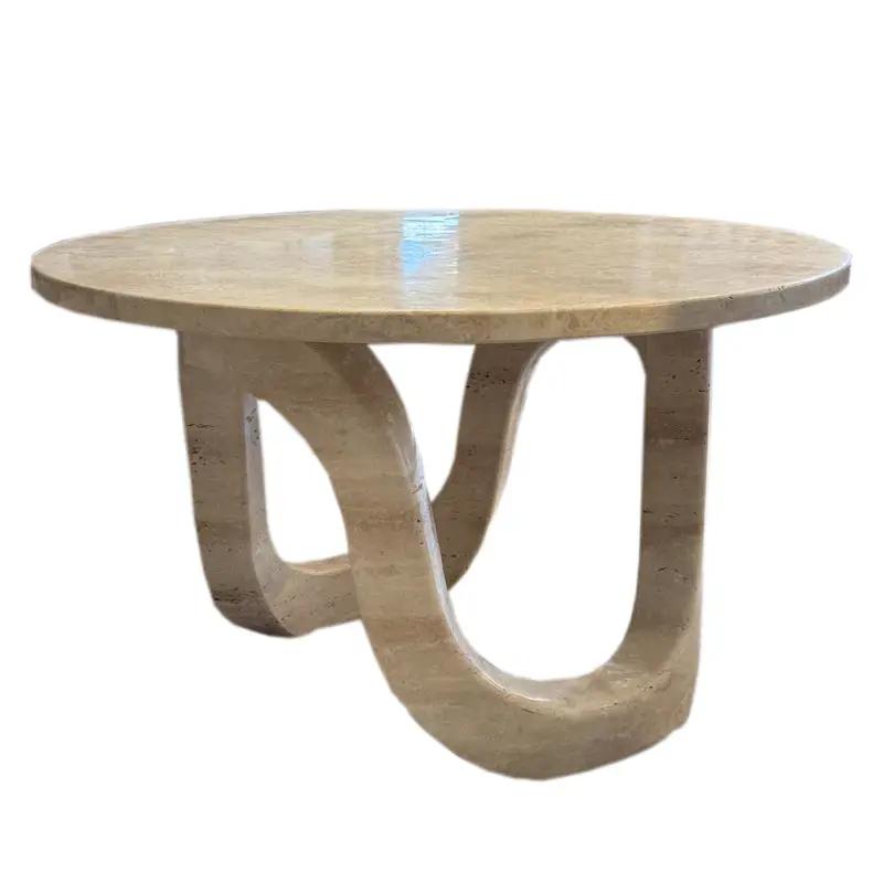 Light Travertine Vein-cut Round Polished Coffee Table 24inch by GobekDesign
