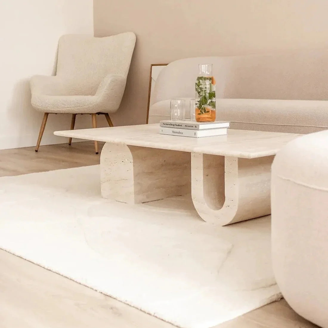 Troia Light Travertine Designer Coffee Table U Shape Legs (W)28" (L)48" (H)13" by GobekDesign