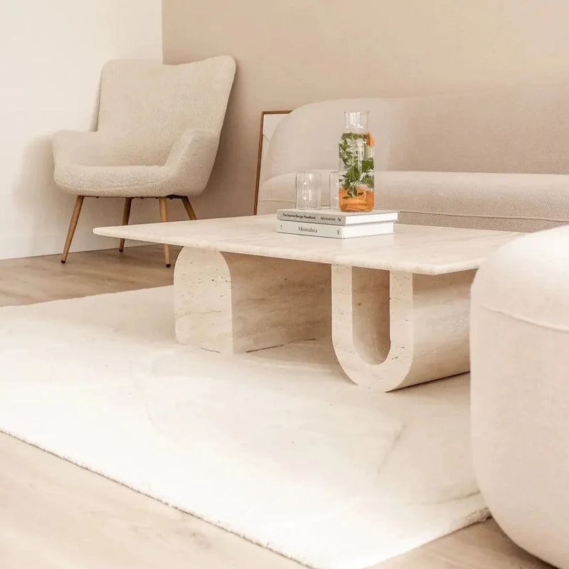 Troia Light Travertine Designer Coffee Table U Shape Legs (W)28" (L)48" (H)13" by GobekDesign