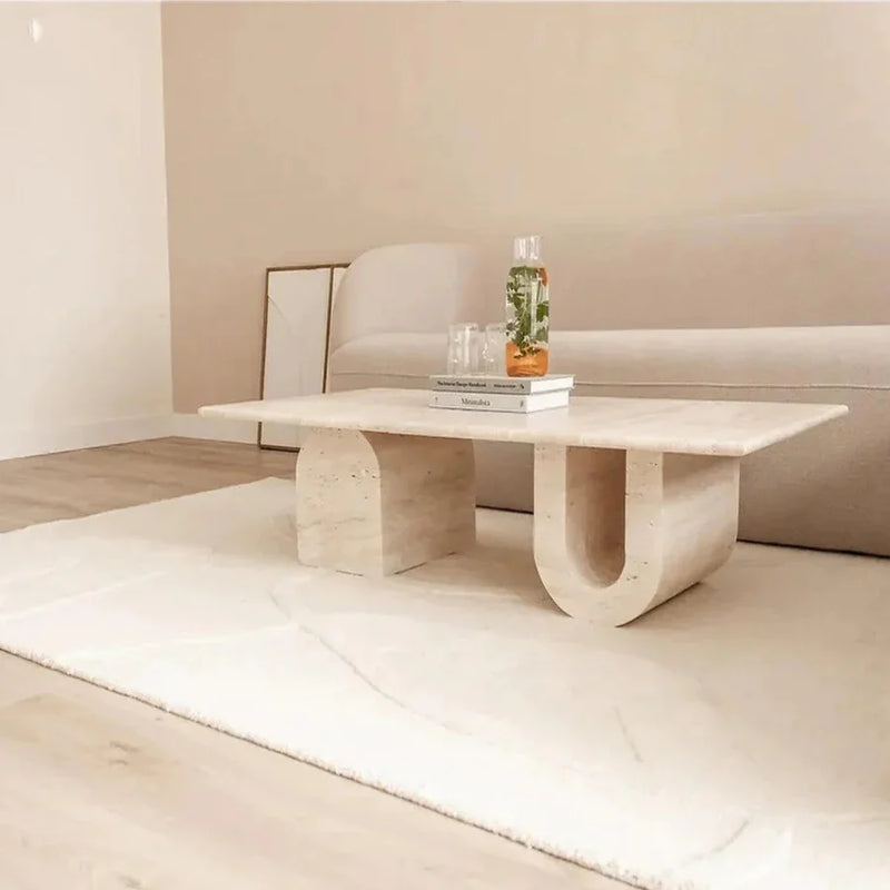Troia Light Travertine Designer Coffee Table U Shape Legs (W)28" (L)48" (H)13" by GobekDesign