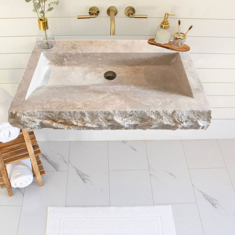 Troia Light Travertine Rustic Rectangular Wall-mount Bathroom Sink (W)16" (L)30" (H)5" by GobekDesign