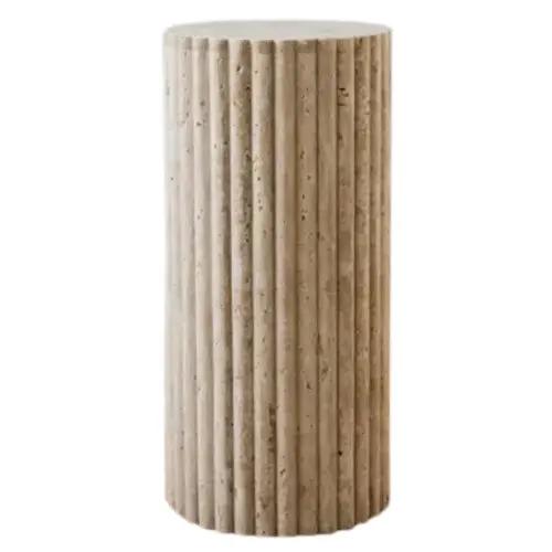 Light Travertine Natural Stone Fluted Plinth Side Table Honed by GobekDesign