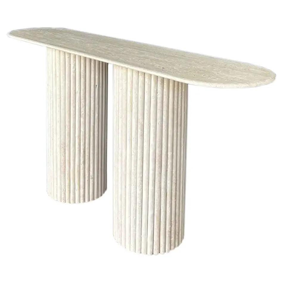 Light Travertine Designer Console Table with Fluted Legs 63 Inches Modern Minimalist by GobekDesign