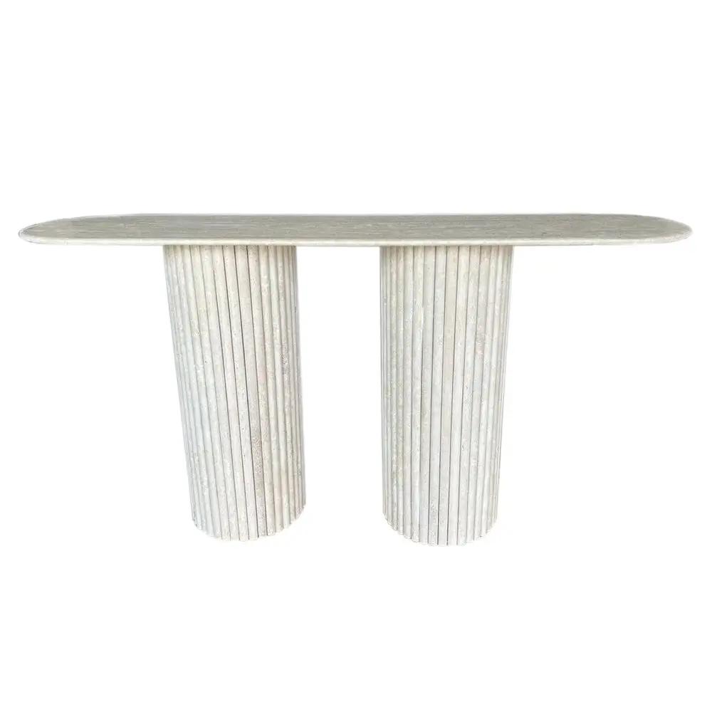 Light Travertine Designer Console Table with Fluted Legs 63 Inches Modern Minimalist by GobekDesign
