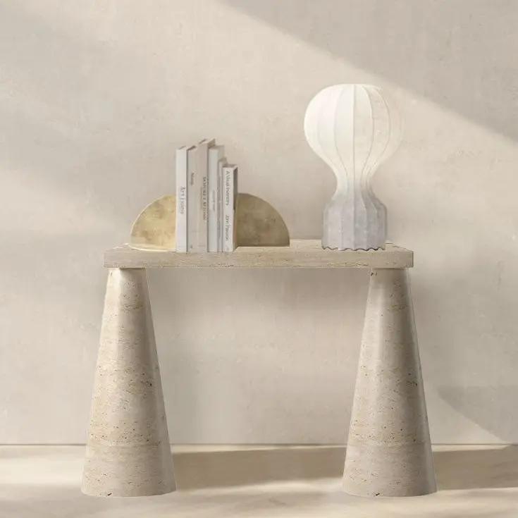 White Travertine Console Table - Polished Finish Cone Legs 15x40 by GobekDesign