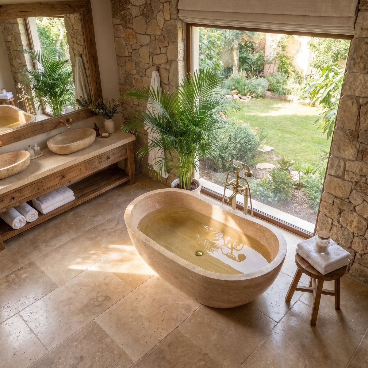 Troia Light Travertine Hand Carved Bathtub 32x70 Honed