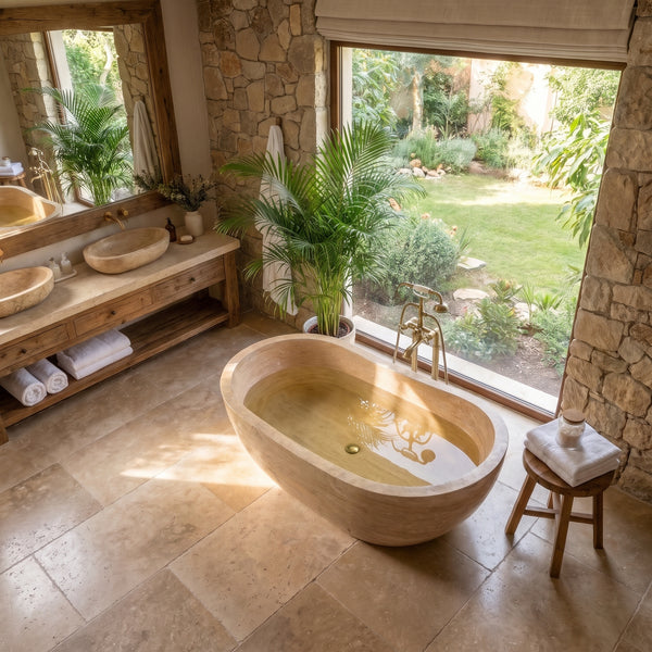 Troia Light Travertine Hand Carved Bathtub 32x70 Honed