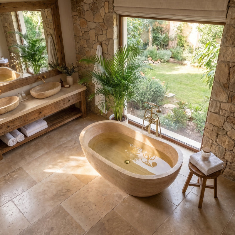 Troia Light Travertine Hand Carved Bathtub 32x70 Honed