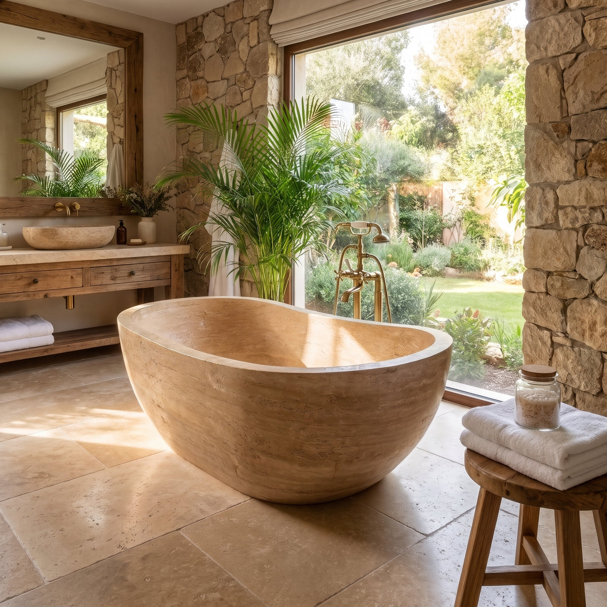 Troia Light Travertine Hand Carved Bathtub 32x70 Honed, photo 3 of 8