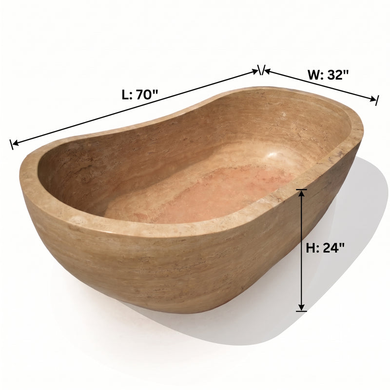 Troia Light Travertine Hand Carved Bathtub 32x70 Honed, photo 5 of 8