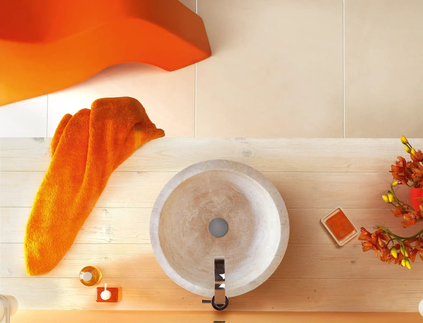 Light Travertine Natural Stone Round Vessel Sink 12.5 Inch Diameter 6 Inch Height by GobekDesign