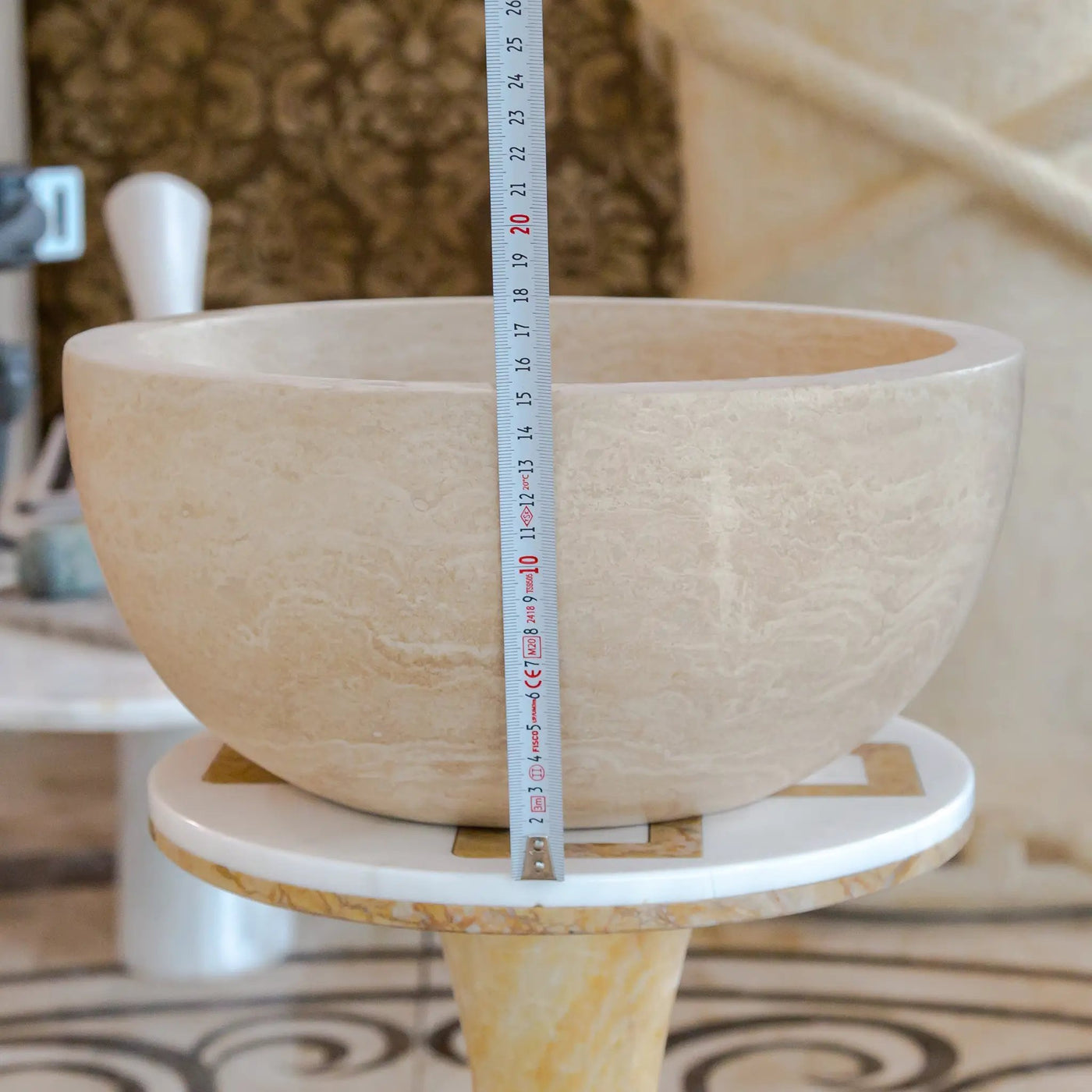 Light Travertine Natural Stone Round Vessel Sink 12.5 Inch Diameter 6 Inch Height by GobekDesign