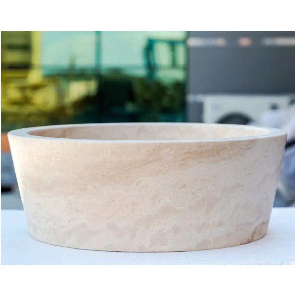 Light Beige Travertine Natural Stone Sculptural Conical Vessel Sink 16 x 6 Inch by GobekDesign