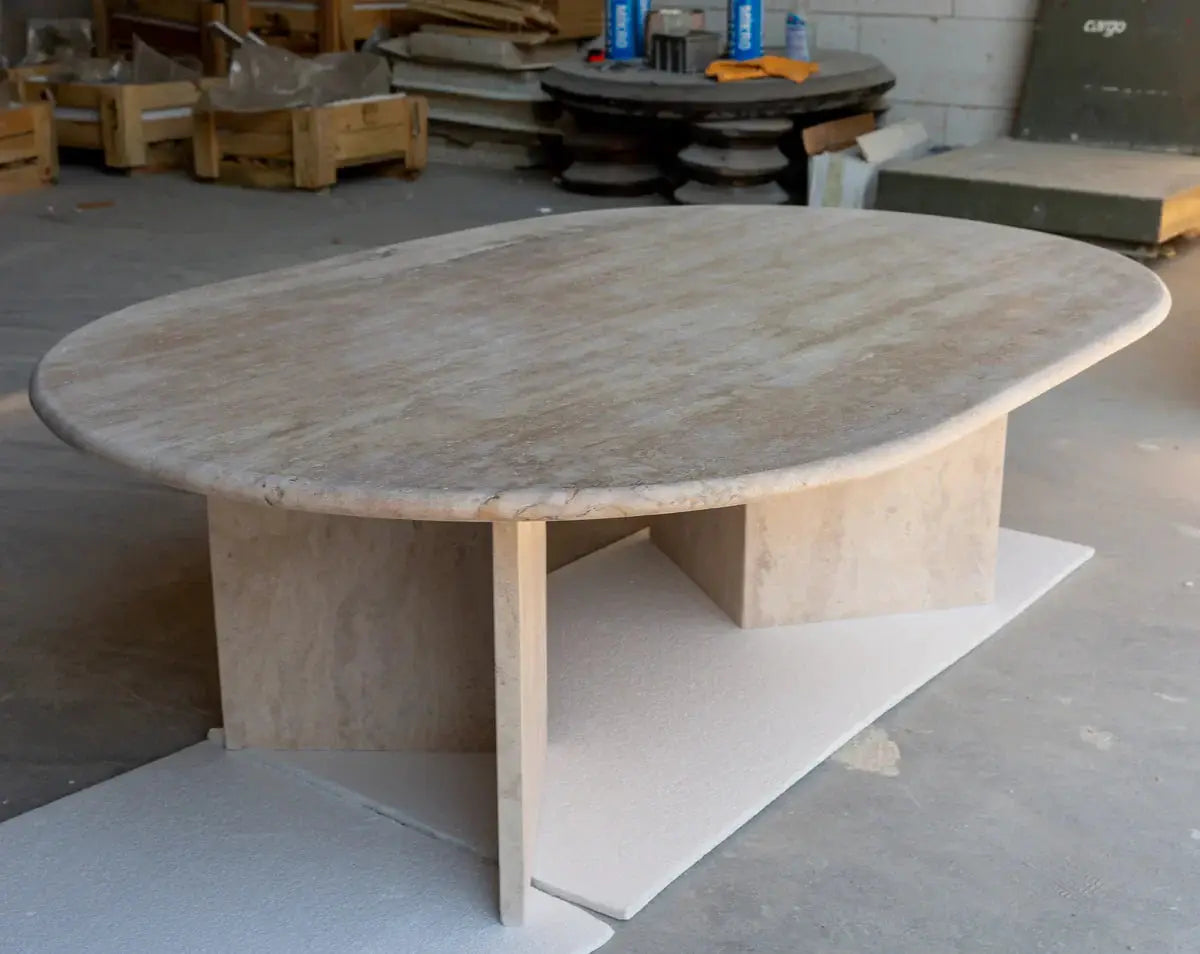 Light Travertine Oval Handcrafted Coffee Table Polished Finish 24 x 48 x 16 Inches by GobekDesign