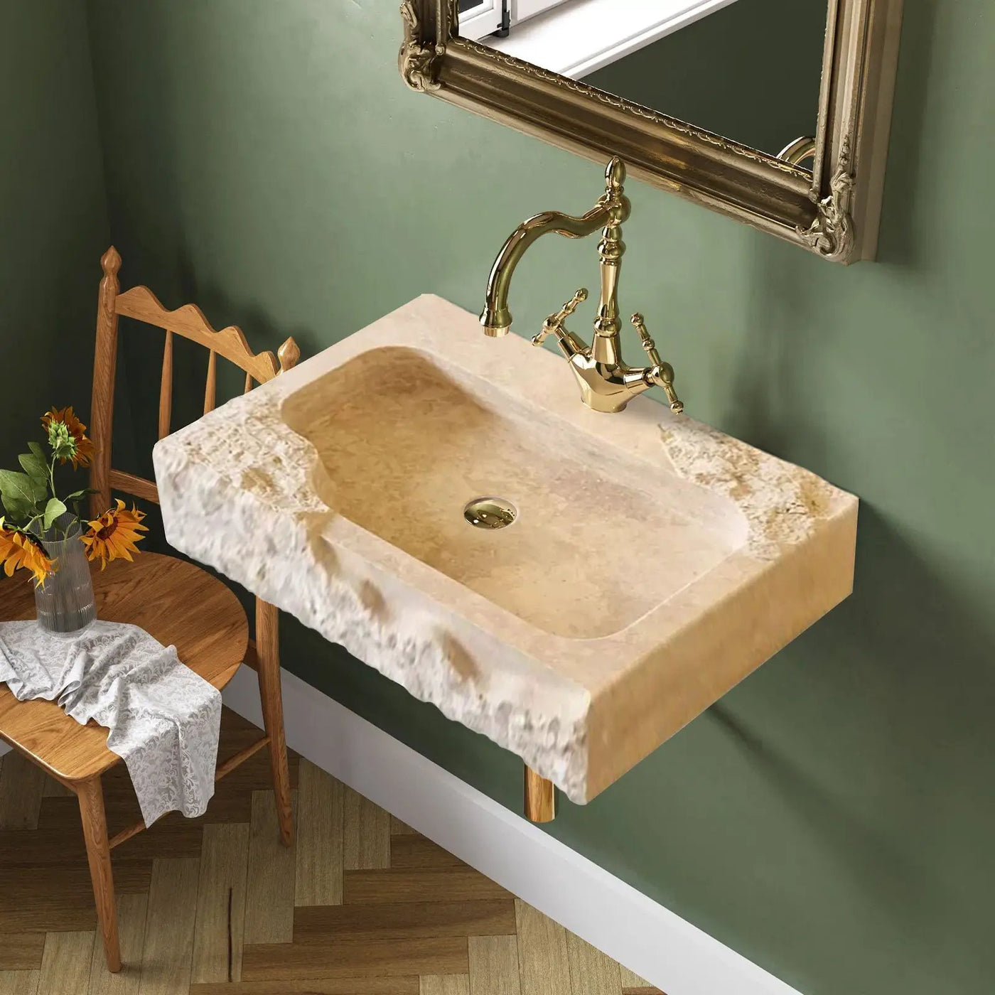 Light Travertine Rustic Textured Edge Wall-Mount Bathroom Sink by GobekDesign