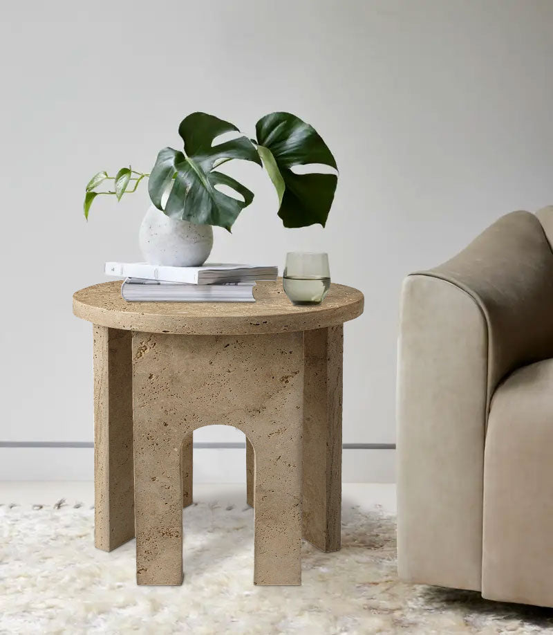 Troia Light Travertine Round End/Side Table U Shape Legs Unfilled, Honed (D)18" (H)20" by GobekDesign