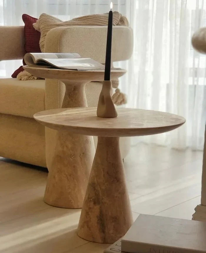 Light Travertine Round Side Table - Honed Finish Conic Legs 18x22 by GobekDesign