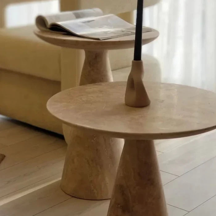 Troia Light Travertine Round End/Side Table Conic Shape Leg Honed (D)18" (H)22" by GobekDesign